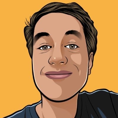 Cartoon-style illustration of a person with short brown hair and a slight smile, set against a solid orange background.