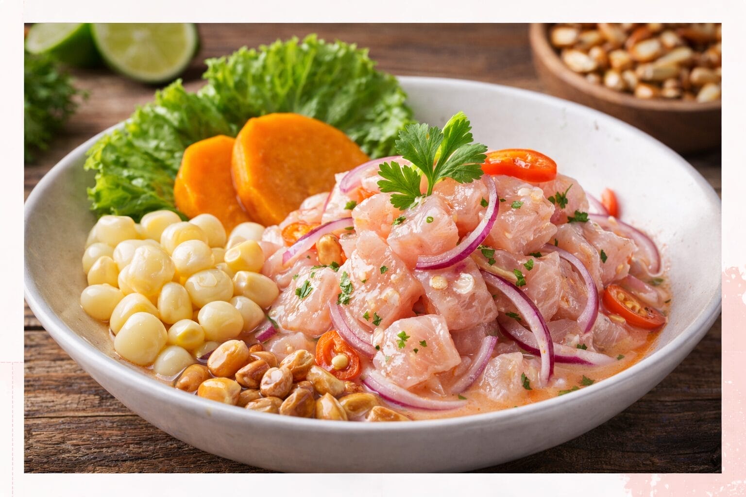 A bowl of Peruvian ceviche with raw fish, red onions, corn, sweet potato slices, lettuce, and toasted corn, garnished with cilantro and chili.