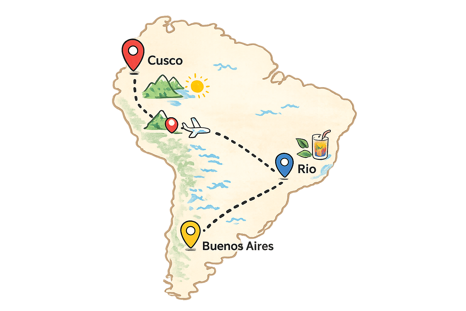 Illustrated map of South America showing flight route connecting Cusco, Rio, and Buenos Aires, with icons for mountains, sun, airplane, and a drink near Rio.