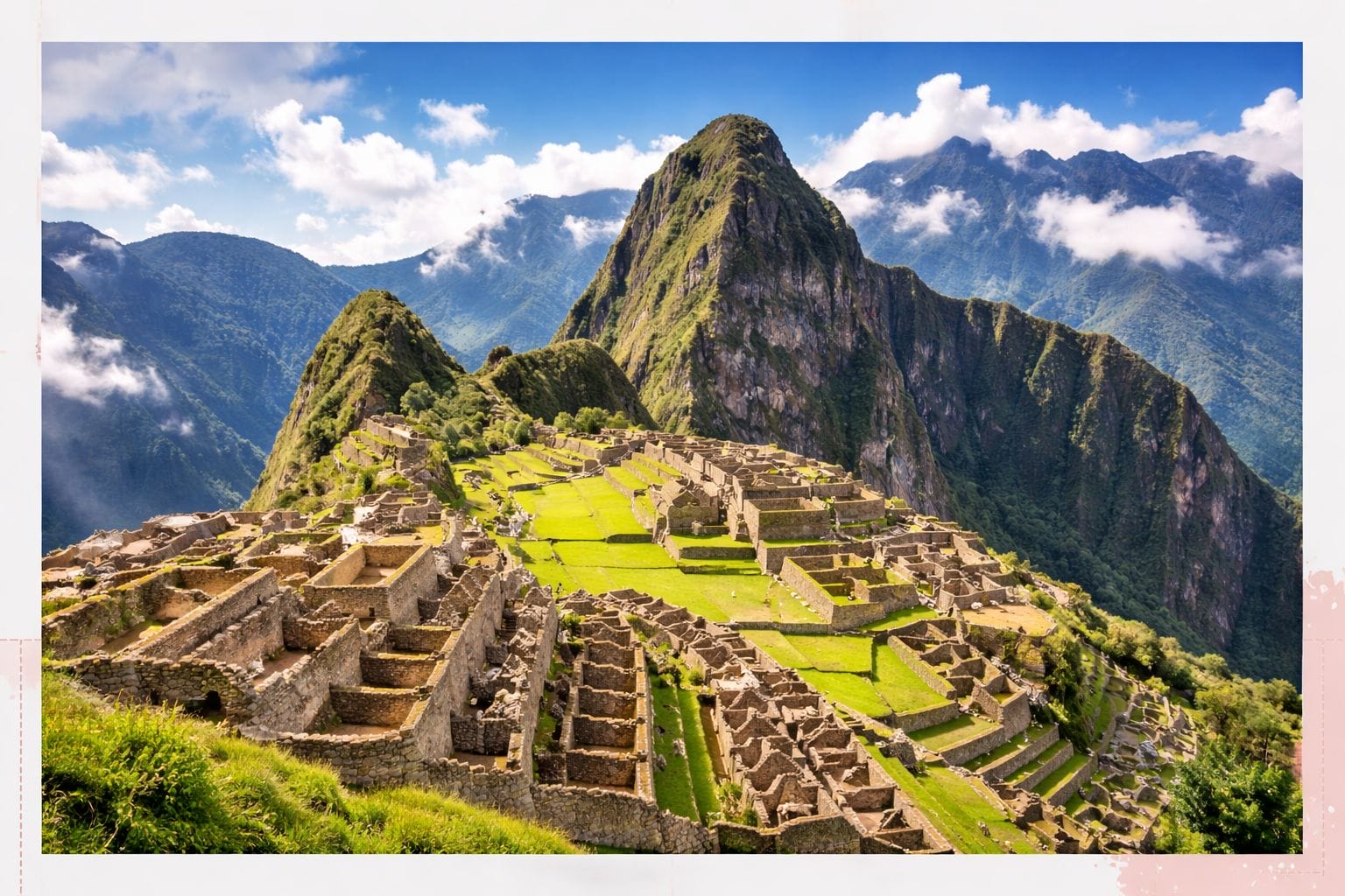 Ancient stone ruins of Machu Picchu sit atop a mountain ridge in Peru, surrounded by lush green peaks and partly cloudy skies.