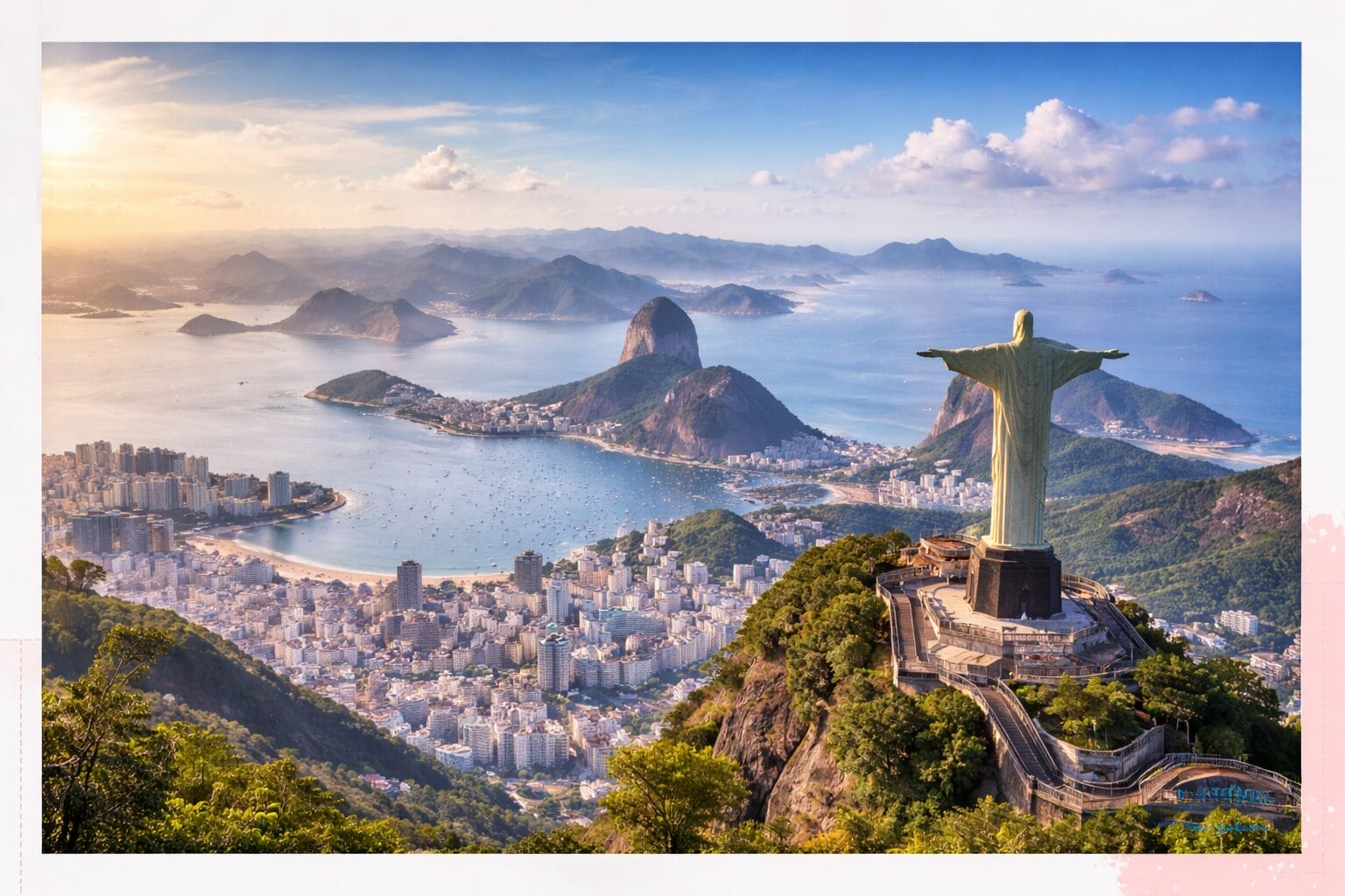 Aerial view of Rio de Janeiro with the Christ the Redeemer statue overlooking the city, Sugarloaf Mountain, and Guanabara Bay under a partly cloudy sky.