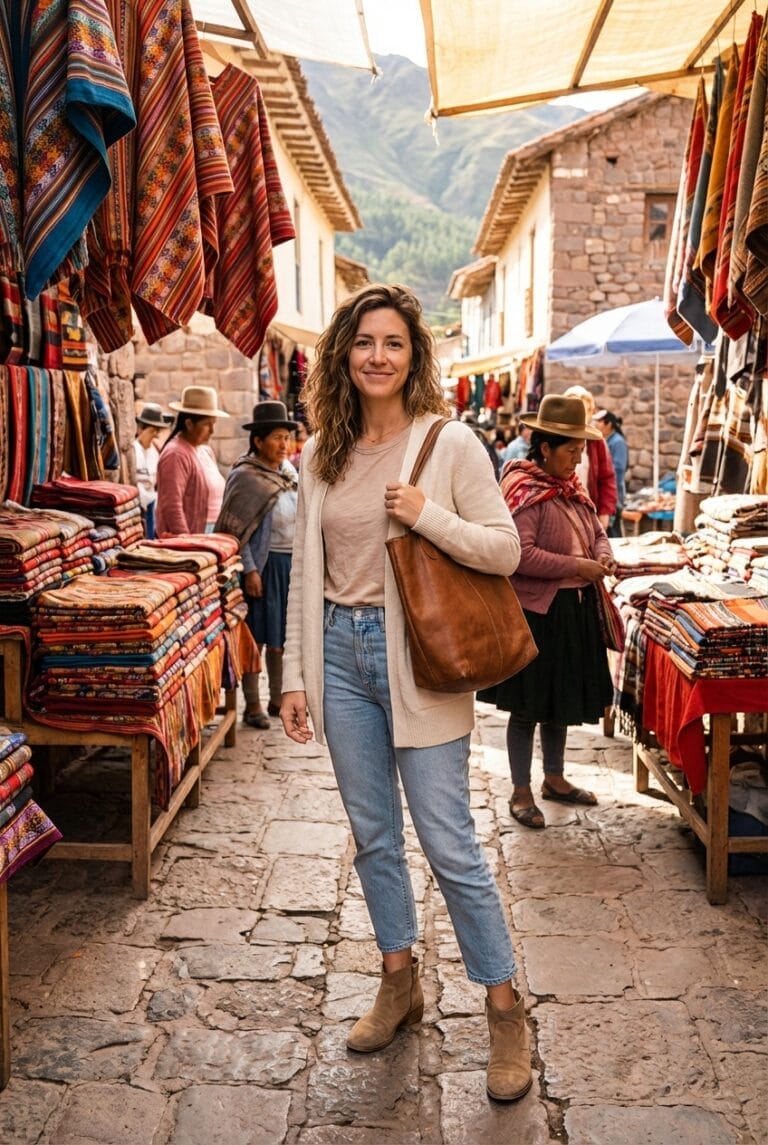 A woman stands in a cobblestone market surrounded by colorful textiles, with several people and stalls in the background.