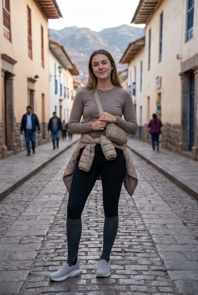 A woman stands on a cobblestone street between buildings, wearing a beige top, black leggings, grey shoes, and a crossbody bag, with mountains visible in the background.