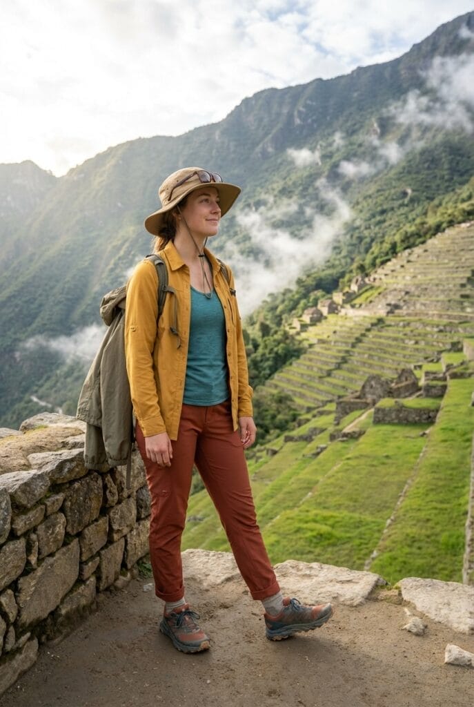 A person wearing hiking gear stands on a stone path overlooking terraced ruins and green mountains at Machu Picchu.