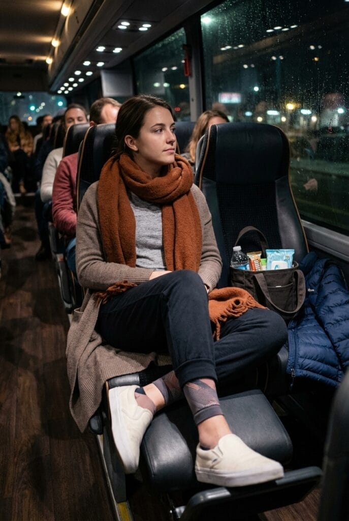 A woman sits on a bus by the window at night, wearing a brown scarf and beige coat, with a bag and snacks on the seat beside her. Other passengers are seated behind her.