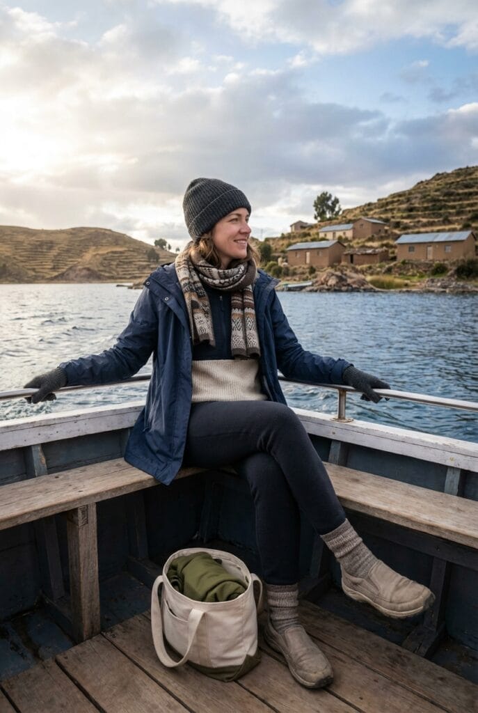 A woman dressed in warm clothes sits on a wooden boat, smiling, with a bag by her feet and hills and water in the background.