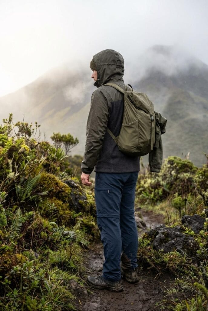 A person wearing outdoor gear and a backpack stands on a rocky, misty mountain trail surrounded by green vegetation.