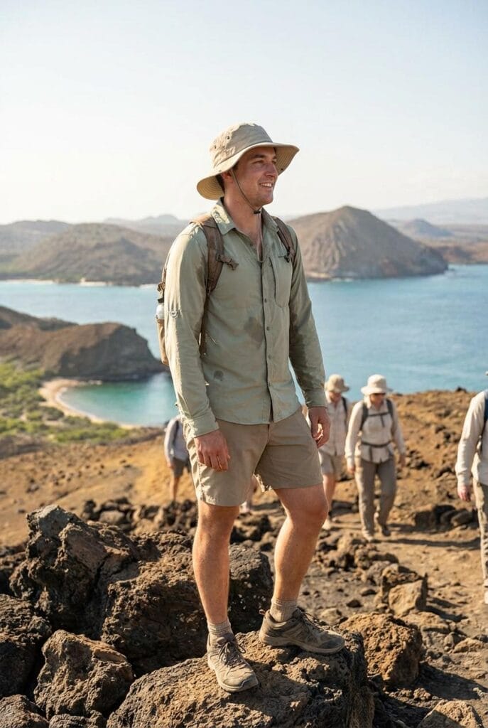 A person wearing a hat, long-sleeve shirt, shorts, and hiking boots stands on rocky terrain near the coast, with others hiking in the background and water and hills visible.