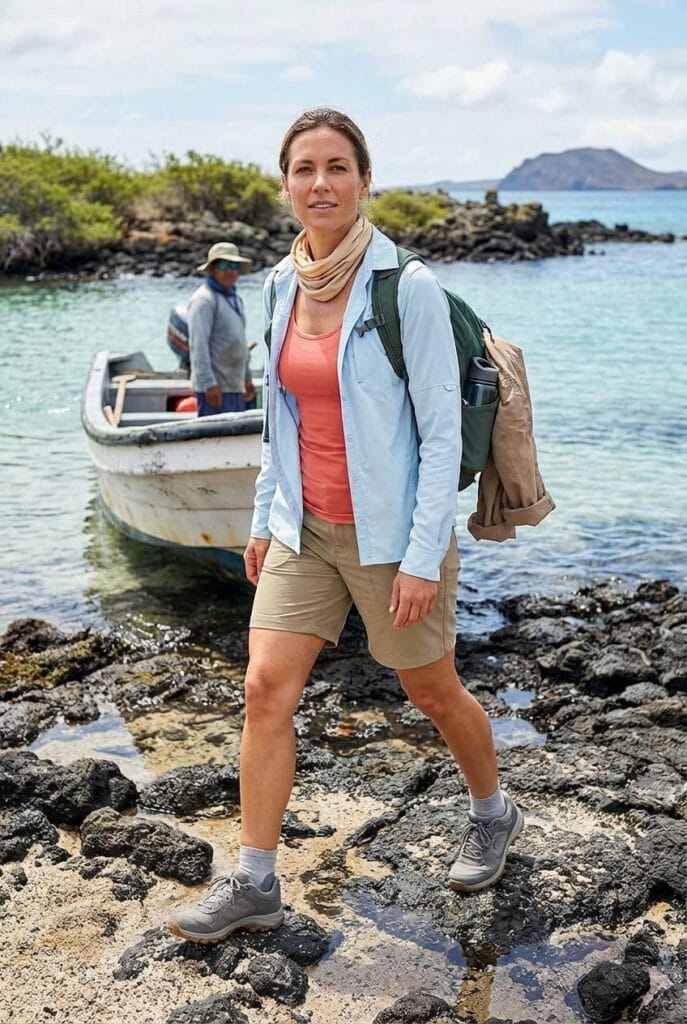 A woman in outdoor clothing and a backpack walks on rocky shore near clear water, with a small boat and another person in the background.