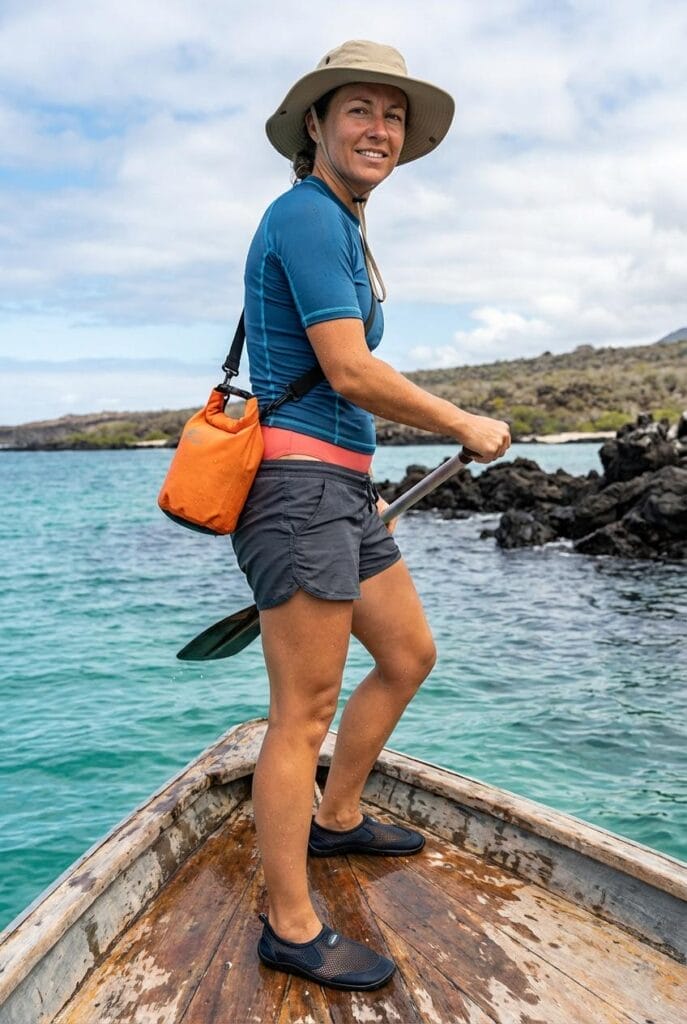 A person wearing a hat, blue shirt, and shorts stands on a wooden boat holding a paddle near rocky shoreline in a tropical setting.