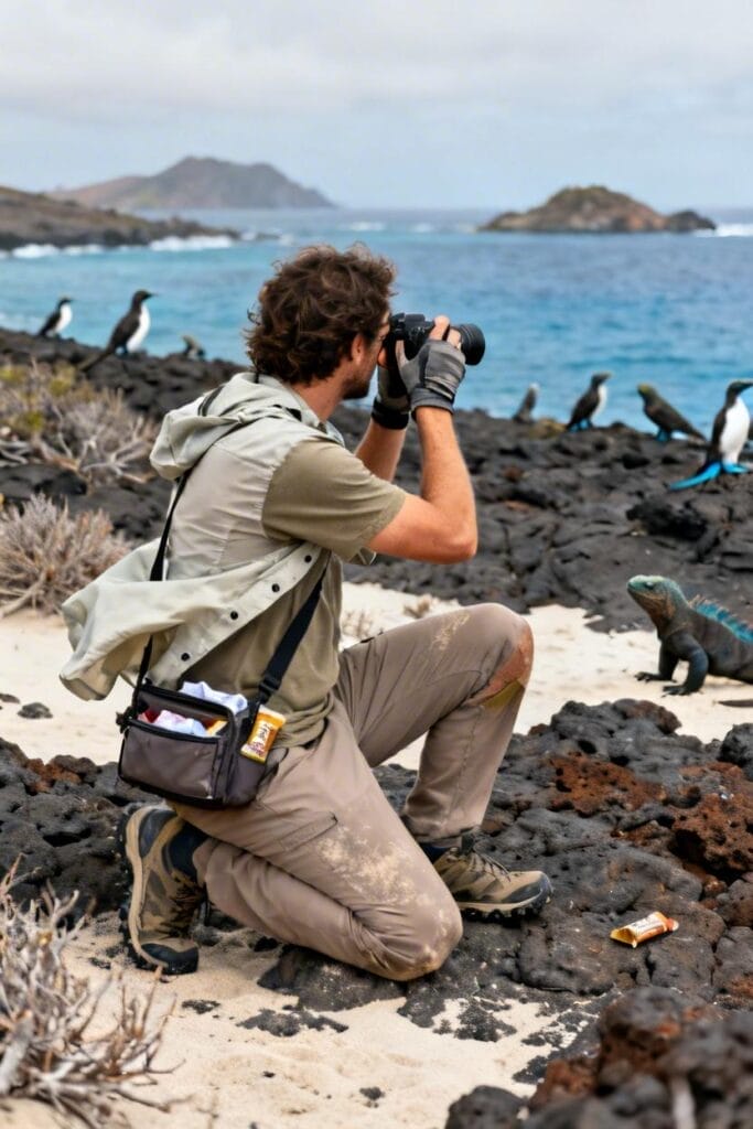 A person kneels on rocky terrain near the ocean, photographing birds and a marine iguana, with a camera bag and scattered items nearby.