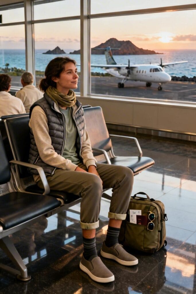 A person sits in an airport waiting area with a small plane and an ocean sunset visible through the window; a bag with travel documents is on the floor nearby.